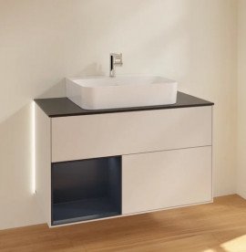 Тумба под раковину Villeroy & Boch Finion 100х50,1 см с подсветкой МДФ светло-серый матовый лак/темно-синий матовый лак/стекло черное матовое G112HGGJ