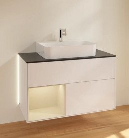 Тумба под раковину Villeroy & Boch Finion 100х50,1 см с подсветкой МДФ глянцевый белый лак/песок матовый лак/стекло черное матовое G112HHGF