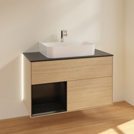 Тумба под раковину Villeroy & Boch Finion 100х50,1 см с подсветкой ДСП шпон дуба/черный матовый лак/стекло черное матовое G112PDPC