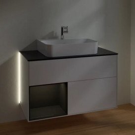 Тумба під раковину Villeroy & Boch Finion 100х50,1 см з підсвіткою МДФ білий глянцевий лак/глянцевий чорний лак/скло чорне матове G112PHGF