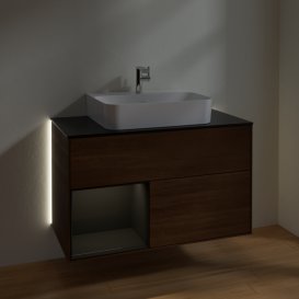 Тумба під раковину Villeroy & Boch Finion 100х50,1 см з підсвічуванням ДСП шпон волоського горіха/чорний глянцевий лак/скло чорне матове G112PHGN