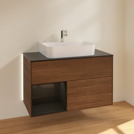 Тумба під раковину Villeroy & Boch Finion 100х50,1 см з підсвічуванням ДСП шпон волоського горіха/чорний глянцевий лак/скло чорне матове G112PHGN