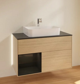 Тумба під раковину Villeroy & Boch Finion 100х50,1 см із підсвічуванням ДСП шпон дуба/глянцевий чорний лак/скло чорне матове G112PHPC