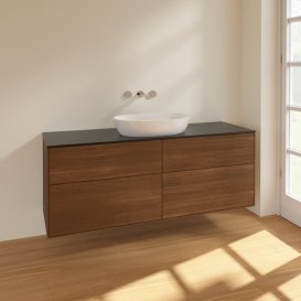 Тумба під раковину Villeroy & Boch Finion 160х50,1 см МДФ шпон волоського горіха/скло чорне матове FA9200GN