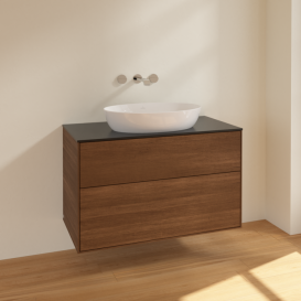 Тумба під раковину Villeroy & Boch Finion 100х50,1 см МДФ шпон волоського горіха/скло чорне матове FA0200GN