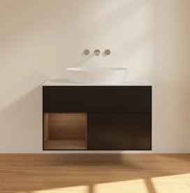 Тумба під раковину Villeroy & Boch Finion 100х50,1 см із підсвічуванням МДФ чорний матовий лак/скло біле матове FA11GNPD