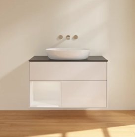 Тумба під раковину Villeroy & Boch Finion 100х50,1 см з підсвічуванням МДФ білий глянцевий лак/скло чорне матове FA12GFGF