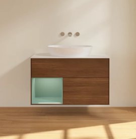 Тумба под раковину Villeroy & Boch Finion 100х50,1 см с подсветкой МДФ шпон грецкого ореха/стекло белое матовое FA11GMGN