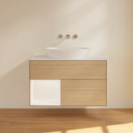 Тумба під раковину Villeroy & Boch Finion 100х50,1 см із підсвічуванням МДФ шпон дуба/скло біле матове FA11MTPC