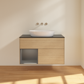 Тумба під раковину Villeroy & Boch Finion 100х50,1 см із підсвічуванням МДФ шпон дуба/скло чорне матове FA12GKPC