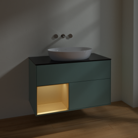 Тумба під раковину Villeroy & Boch Finion 100х50,1 см із підсвічуванням МДФ оливковий матовий лак/скло чорне матове FA12HFGM