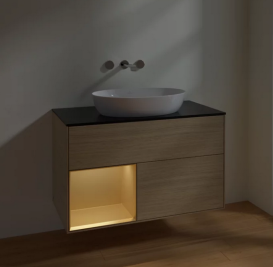 Тумба под раковину Villeroy & Boch Finion 100х50,1 см с подсветкой МДФ шпон дуба/стекло черное матовое FA12HFPC