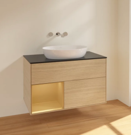 Тумба под раковину Villeroy & Boch Finion 100х50,1 см с подсветкой МДФ шпон дуба/стекло черное матовое FA12HFPC