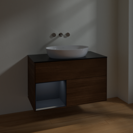 Тумба під раковину Villeroy & Boch Finion 100х50,1 см з підсвічуванням МДФ шпон волоського горіха/скло чорне матове FA12HGGN