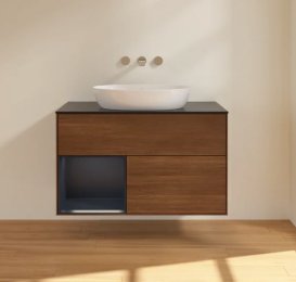 Тумба під раковину Villeroy & Boch Finion 100х50,1 см з підсвічуванням МДФ шпон волоського горіха/скло чорне матове FA12HGGN