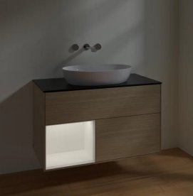 Тумба під раковину Villeroy & Boch Finion 100х50,1 см із підсвічуванням МДФ шпон дуба/скло чорне матове FA12MTPC