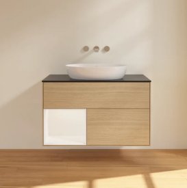 Тумба під раковину Villeroy & Boch Finion 100х50,1 см із підсвічуванням МДФ шпон дуба/скло чорне матове FA12MTPC