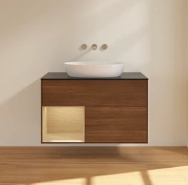 Тумба под раковину Villeroy & Boch Finion 100х50,1 см с подсветкой МДФ шпон грецкого ореха/стекло черное матовое FA12PCGN