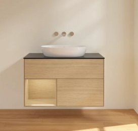 Тумба под раковину Villeroy & Boch Finion 100х50,1 см с подсветкой МДФ шпон дуба/стекло черное матовое FA12PCPC