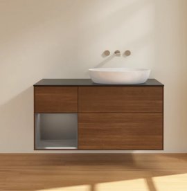 Тумба под раковину Villeroy & Boch Finion 120х50,1 см с подсветкой МДФ шпон грецкого ореха/стекло черное матовое FA42GKGN