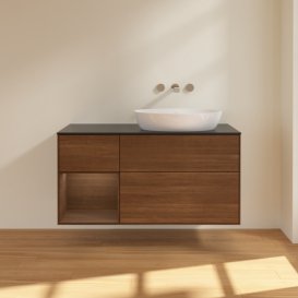 Тумба під раковину Villeroy & Boch Finion 120х50,1 см з підсвічуванням МДФ шпон волоського горіха/скло чорне матове FA42GNGN