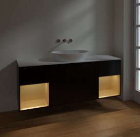 Тумба под раковину Villeroy & Boch Finion 160х50,1 см с подсветкой МДФ черный матовый лак/стекло белое матовое FD01HFPD