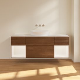 Тумба под раковину Villeroy & Boch Finion 160х50,1 см с подсветкой МДФ шпон грецкого ореха/стекло белое матовое FD01MTGN