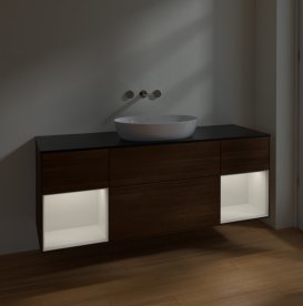 Тумба под раковину Villeroy & Boch Finion 160х50,1 см с подсветкой МДФ шпон грецкого ореха/стекло черное матовое FD02GFGN