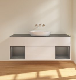 Тумба под раковину Villeroy & Boch Finion 160х50,1 см с подсветкой МДФ глянцевый белый лак/стекло черное матовое FD02GKGF