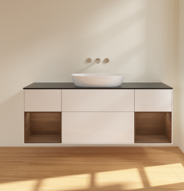 Тумба под раковину Villeroy & Boch Finion 160х50,1 см с подсветкой МДФ глянцевый белый лак/стекло черное матовое FD02GNGF