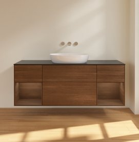 Тумба под раковину Villeroy & Boch Finion 160х50,1 см с подсветкой МДФ шпон грецкого ореха/стекло черное матовое FD02GNGN