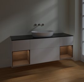 Тумба под раковину Villeroy & Boch Finion 160х50,1 см с подсветкой МДФ белый матовый лак/стекло черное матовое FD02GNMT