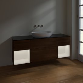 Тумба под раковину Villeroy & Boch Finion 160х50,1 см с подсветкой МДФ шпон грецкого ореха/стекло черное матовое FD02MTGN