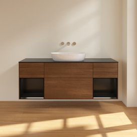 Тумба под раковину Villeroy & Boch Finion 160х50,1 см с подсветкой МДФ шпон грецкого ореха/стекло черное матовое FD02PDGN