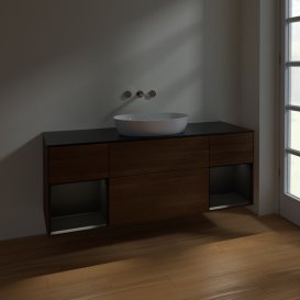 Тумба под раковину Villeroy & Boch Finion 160х50,1 см с подсветкой МДФ шпон грецкого ореха/стекло черное матовое FD02PDGN