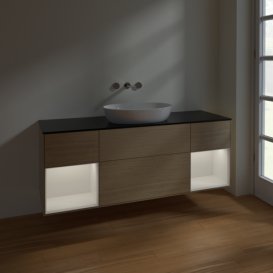 Тумба під раковину Villeroy & Boch Finion 160х50,1 см із підсвічуванням МДФ шпон дуба/скло чорне матове FD02GFPC