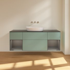 Тумба під раковину Villeroy & Boch Finion 160х50,1 см із підсвічуванням МДФ оливковий матовий лак/скло чорне матове FD02GKGM