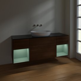 Тумба под раковину Villeroy & Boch Finion 160х50,1 см с подсветкой МДФ шпон грецкого ореха/стекло черное матовое FD02GMGN