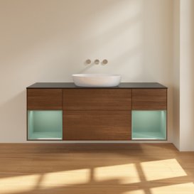 Тумба під раковину Villeroy & Boch Finion 160х50,1 см із підсвічуванням МДФ шпон волоського горіха/скло чорне матове FD02GMGN