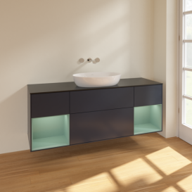 Тумба под раковину Villeroy & Boch Finion 160х50,1 см с подсветкой МДФ темно-синий матовый лак/стекло черное матовое FD02GMHG