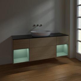 Тумба под раковину Villeroy & Boch Finion 160х50,1 см с подсветкой МДФ шпон дуба/стекло черное матовое FD02GMPC