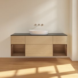 Тумба під раковину Villeroy & Boch Finion 160х50,1 см із підсвічуванням МДФ шпон дуба/скло чорне матове FD02GNPC