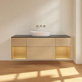 Тумба под раковину Villeroy & Boch Finion 160х50,1 см с подсветкой МДФ шпон дуба/стекло черное матовое FD02HFPC