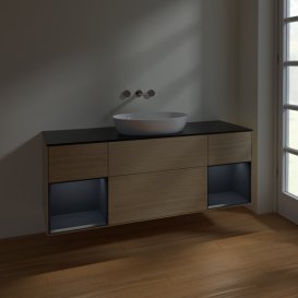 Тумба під раковину Villeroy & Boch Finion 160х50,1 см із підсвічуванням МДФ шпон дуба/скло чорне матове FD02HGPC