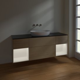 Тумба под раковину Villeroy & Boch Finion 160х50,1 см с подсветкой МДФ шпон дуба/стекло черное матовое FD02MTPC