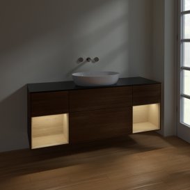 Тумба под раковину Villeroy & Boch Finion 160х50,1 см с подсветкой МДФ шпон грецкого ореха/стекло черное матовое FD02PCGN