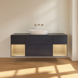 Тумба под раковину Villeroy & Boch Finion 160х50,1 см с подсветкой МДФ темно-синий матовый лак/стекло черное матовое FD02PCHG