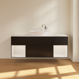 Тумба під раковину Villeroy & Boch Finion 160х50,1 см із підсвічуванням МДФ чорний матовий лак/скло біле матове F981GFPD