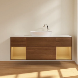 Тумба під раковину Villeroy & Boch Finion 160х50,1 см із підсвічуванням МДФ шпон волоського горіха/скло біле матове F981HFGN