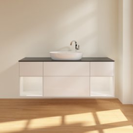 Тумба под раковину Villeroy & Boch Finion 160х50,1 см с подсветкой МДФ глянцевый белый лак/стекло черное матовое  F982GFGF